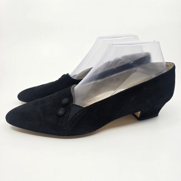 Cappagallo Suede Button Loafers Pointed Toes WMNS US Size 7W VTG Black Shoes - Picture 1 of 7